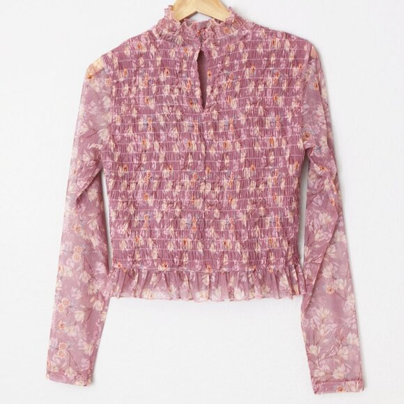 NEW Lulu's Sophisticated Blossom Mauve Pink Floral Mesh Smocked Mock Neck Top XL - Picture 5 of 15